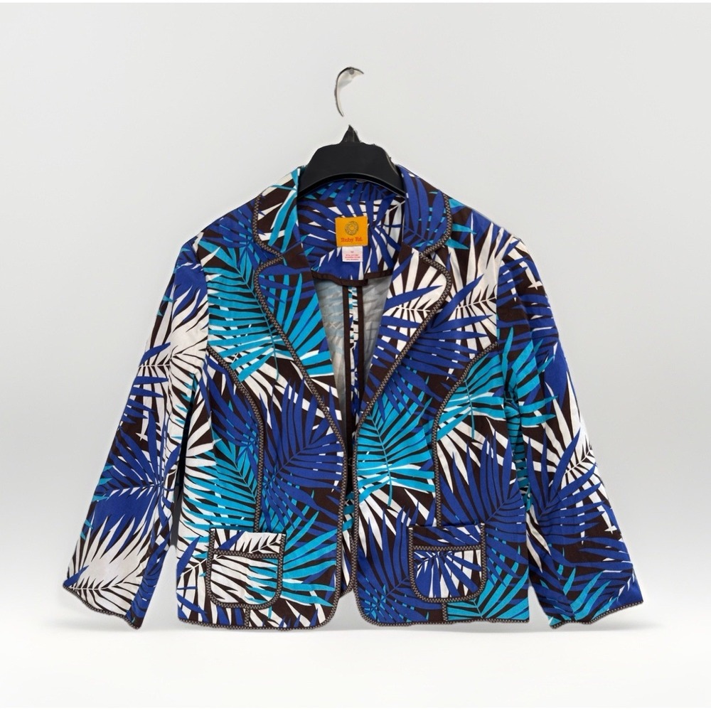 Ruby Rd 3/4 Sleeve Jacket Size 12 Blazer Stretch Blue Multi Leaf Lightweight